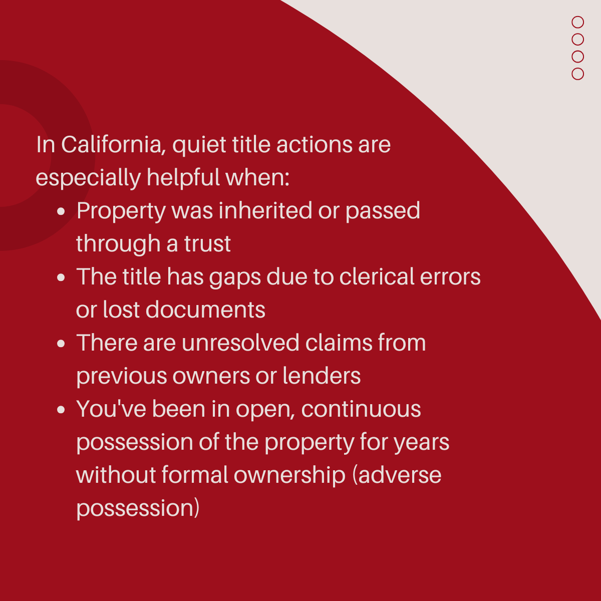 Image highlighting key situations for quiet title actions in California, emphasizing property inheritance, title gaps, unresolved claims, and adverse possession.