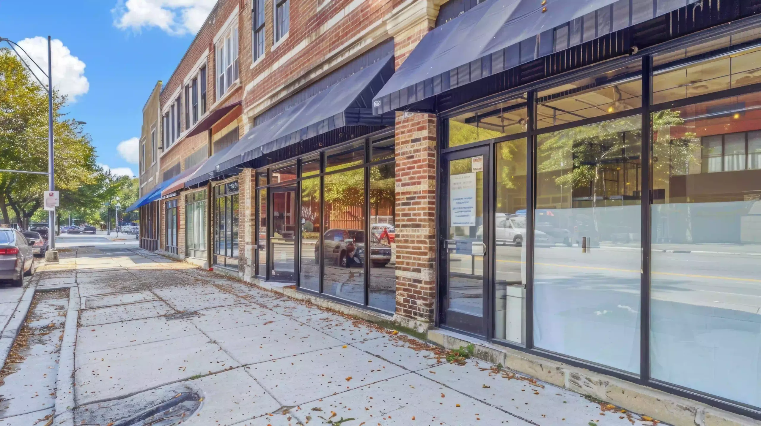 Commercial building exterior with storefront windows and awnings, reflecting potential lease options for businesses considering relocation or lease termination.