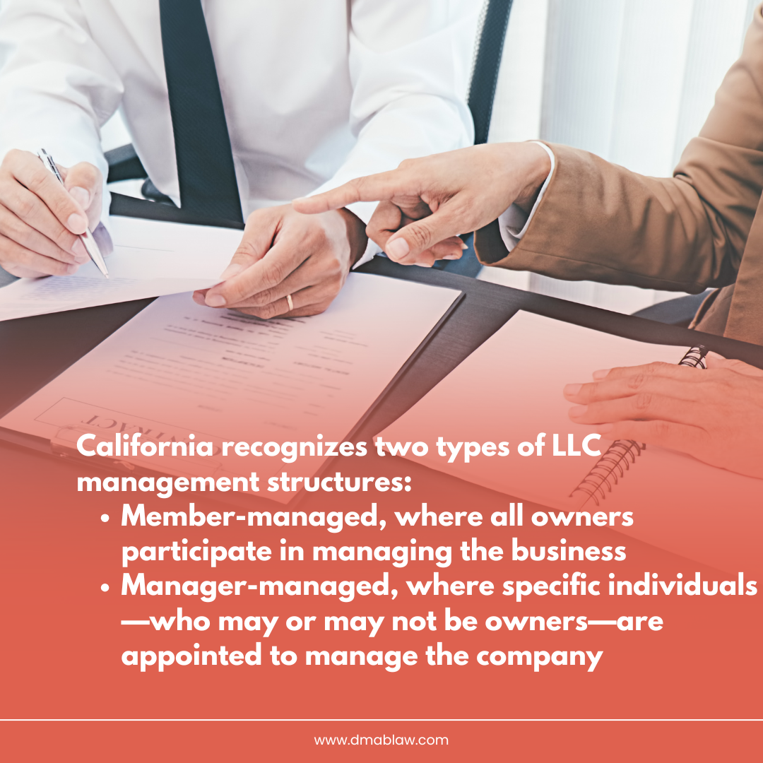 Hands of individuals discussing LLC management structures, with documents and notes on the table, highlighting member-managed and manager-managed options in California LLCs.
