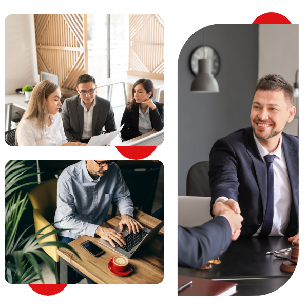 Business professionals in a conference setting discussing documents, a man working on a laptop in a casual workspace, and a handshake between business partners in a professional office environment, representing legal consultations and business growth in Carlsbad.