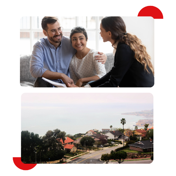 Couple consulting with real estate attorney in Carlsbad, California, discussing property interests, with coastal homes in the background.
