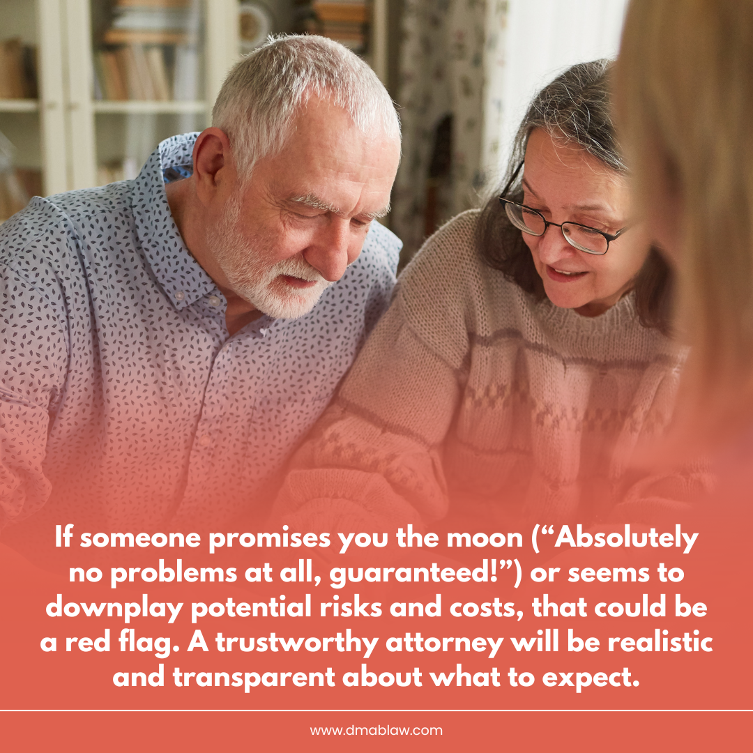 Older couple reviewing documents together, discussing legal matters, emphasizing the importance of transparency and realistic expectations in hiring a trustworthy real estate attorney.