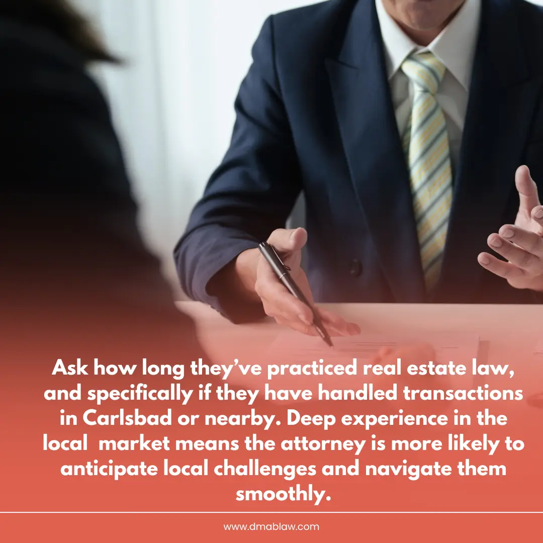 Professional attorney discussing real estate law and transactions, emphasizing local expertise and experience in Carlsbad, California.