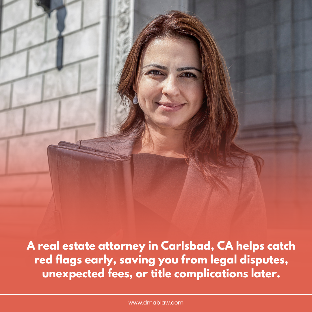 Real estate attorney in Carlsbad, CA, holding a legal folder, smiling confidently in front of a building, emphasizing legal support to avoid disputes and complications in property transactions.
