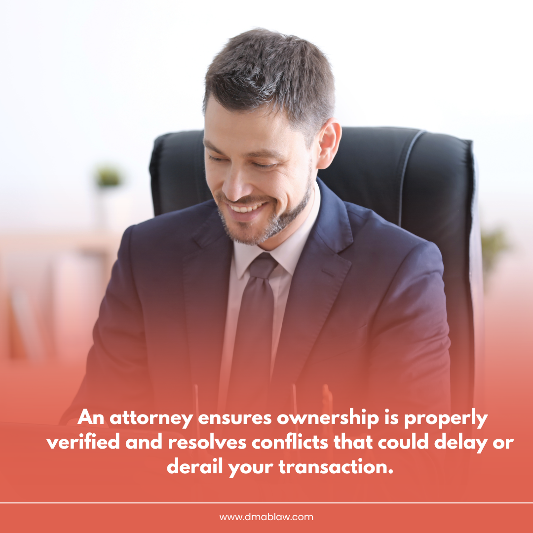 Attorney in suit smiling while reviewing documents, emphasizing ownership verification and conflict resolution in real estate transactions.