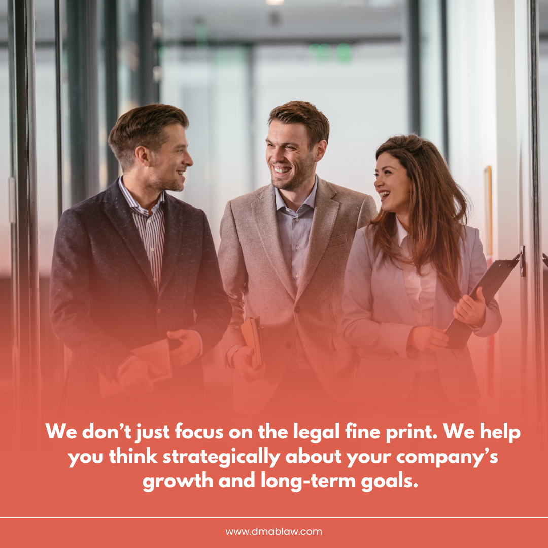 Three professionals discussing strategic legal advice for business growth, with a modern office background, emphasizing a client-first approach and long-term goals.