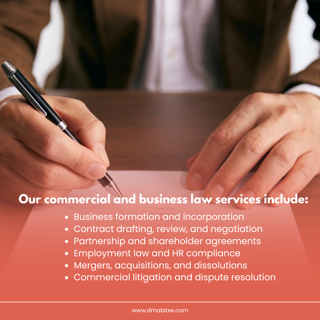 Person writing on a document, highlighting commercial and business law services including contract drafting, partnership agreements, and employment law compliance.