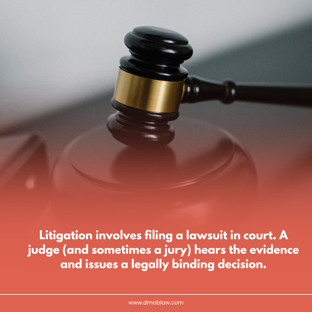 Gavel on a wooden surface symbolizing litigation, with text explaining the legal process and binding decisions in court.