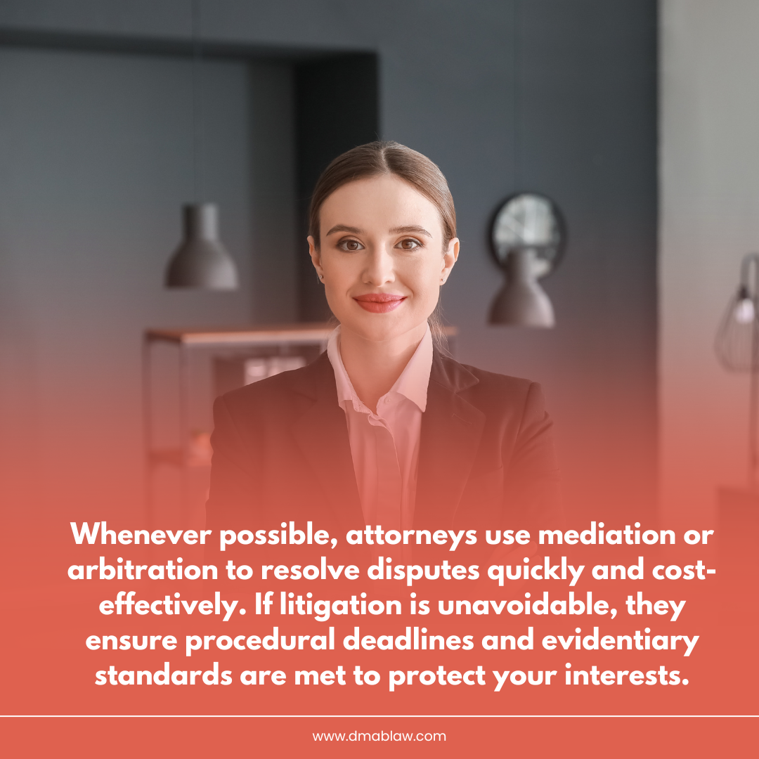 Professional attorney in office setting, emphasizing mediation and arbitration for dispute resolution, with text overlay discussing cost-effective legal strategies.