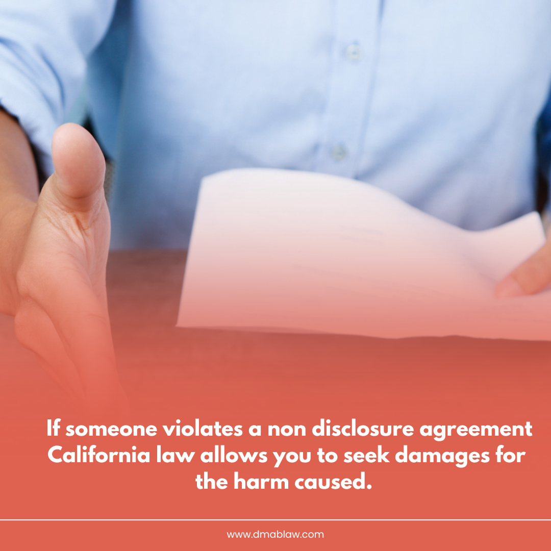 Person extending hand over a table with documents, emphasizing the importance of non-disclosure agreements and legal consequences under California law.