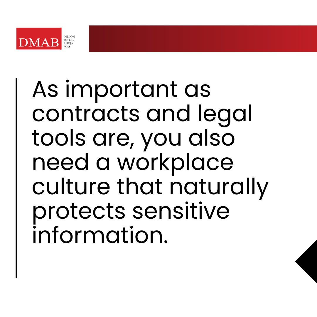 Text from DMAB emphasizing the importance of workplace culture in protecting sensitive information, with a logo in the top left corner.