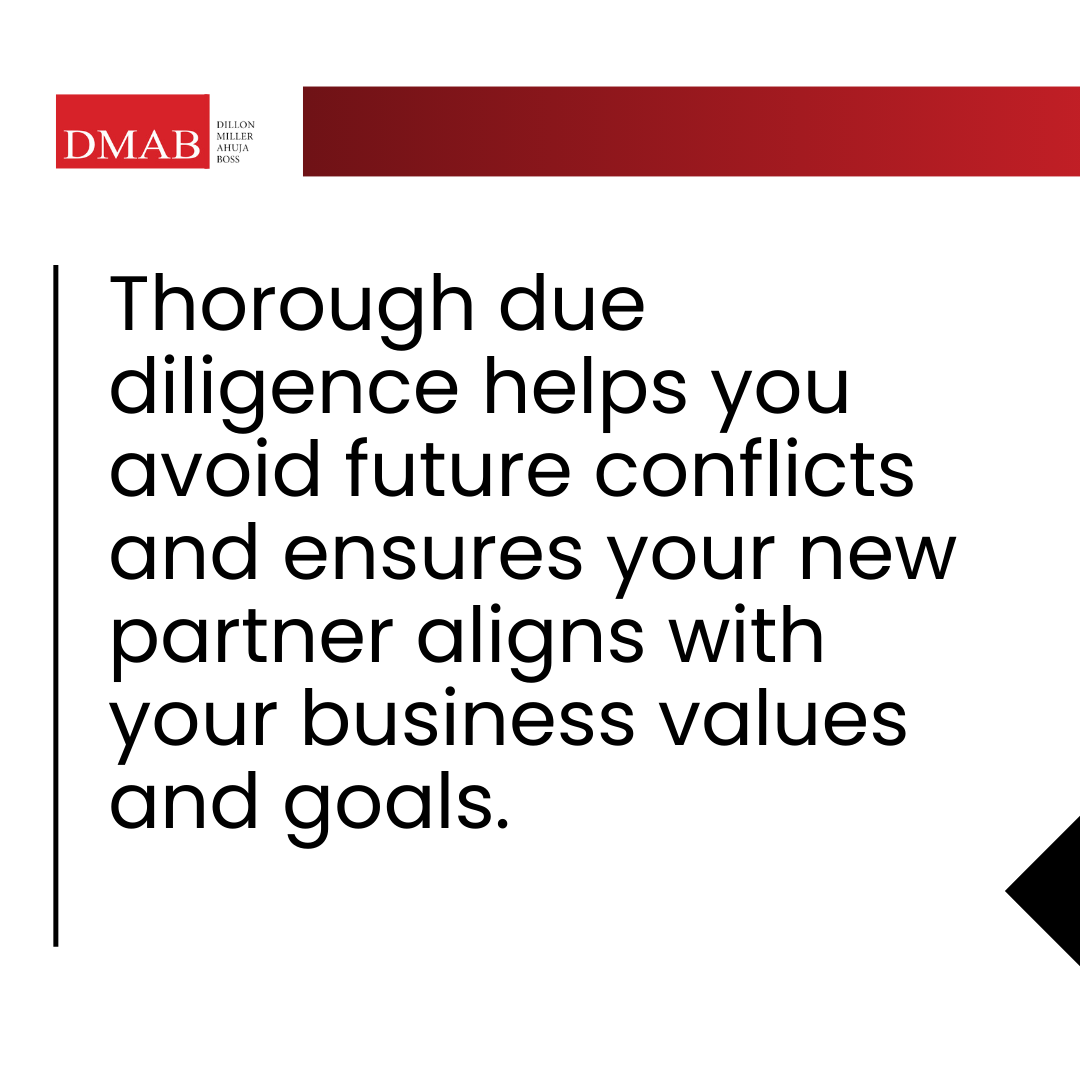 Thorough due diligence graphic emphasizing the importance of aligning new business partners with company values and goals, featuring DMAB logo.