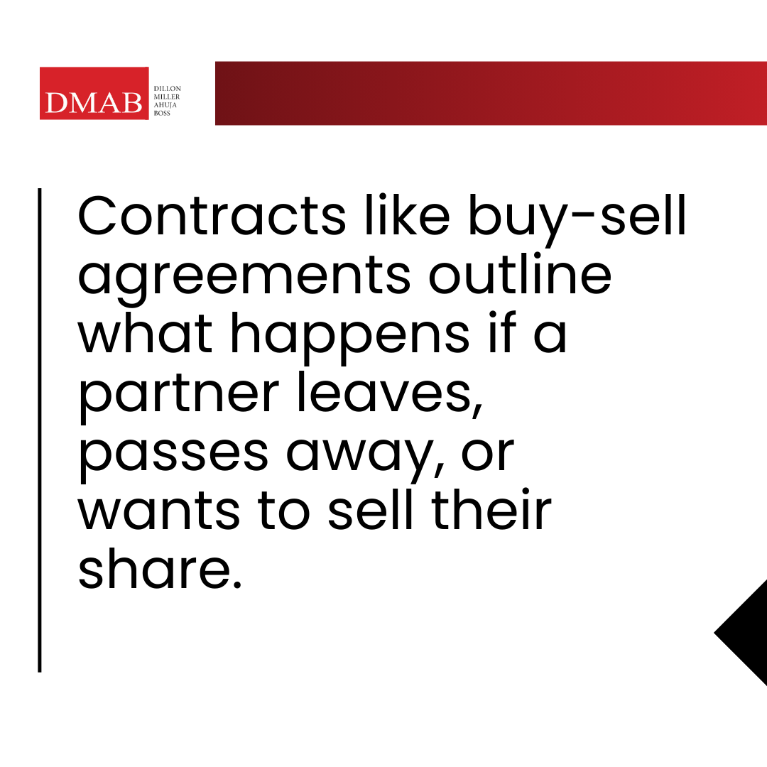 DMAB branding with text highlighting buy-sell agreements, outlining partner transitions in business ownership.