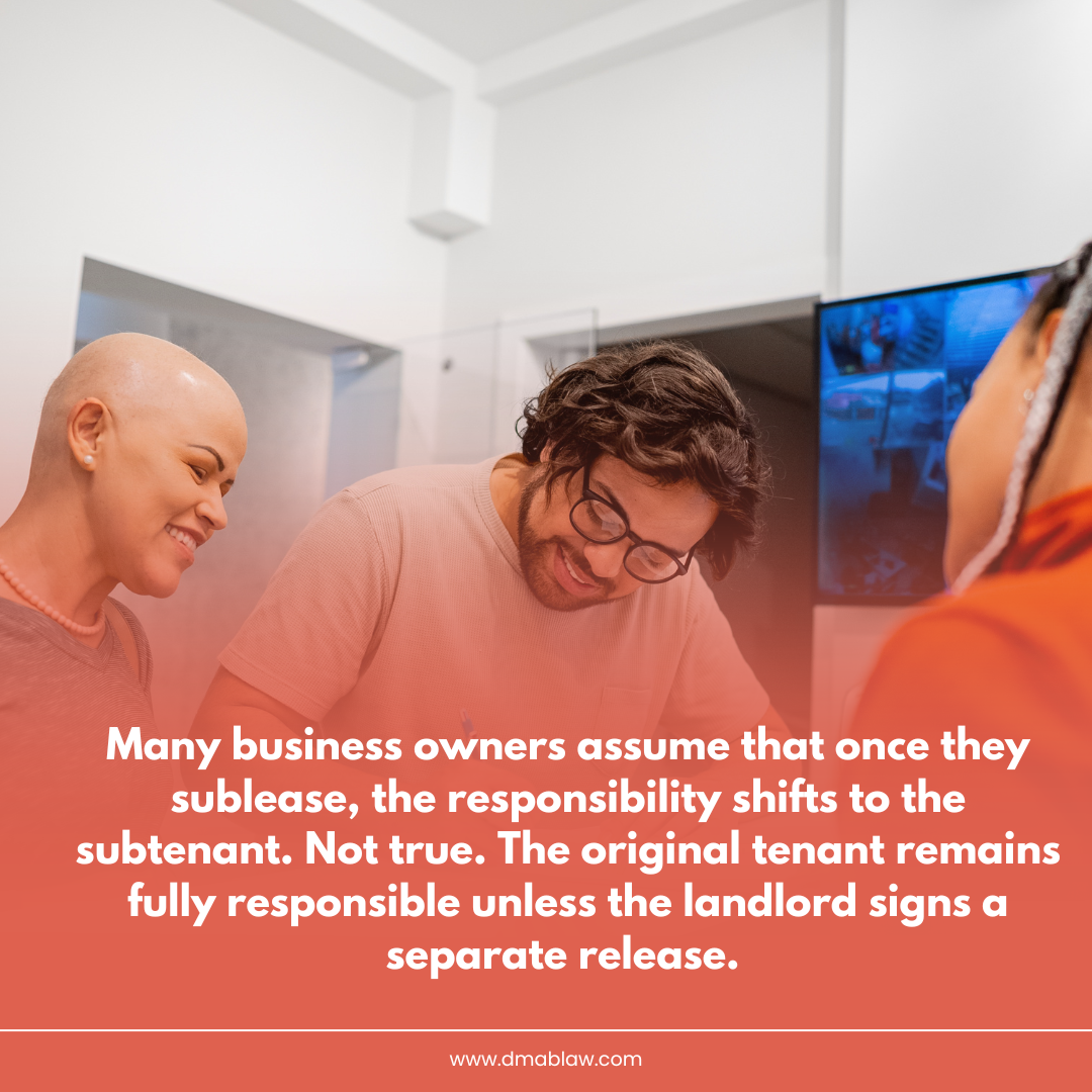 Business owners discussing subleasing responsibilities, emphasizing that the original tenant remains liable unless a separate release is signed by the landlord.