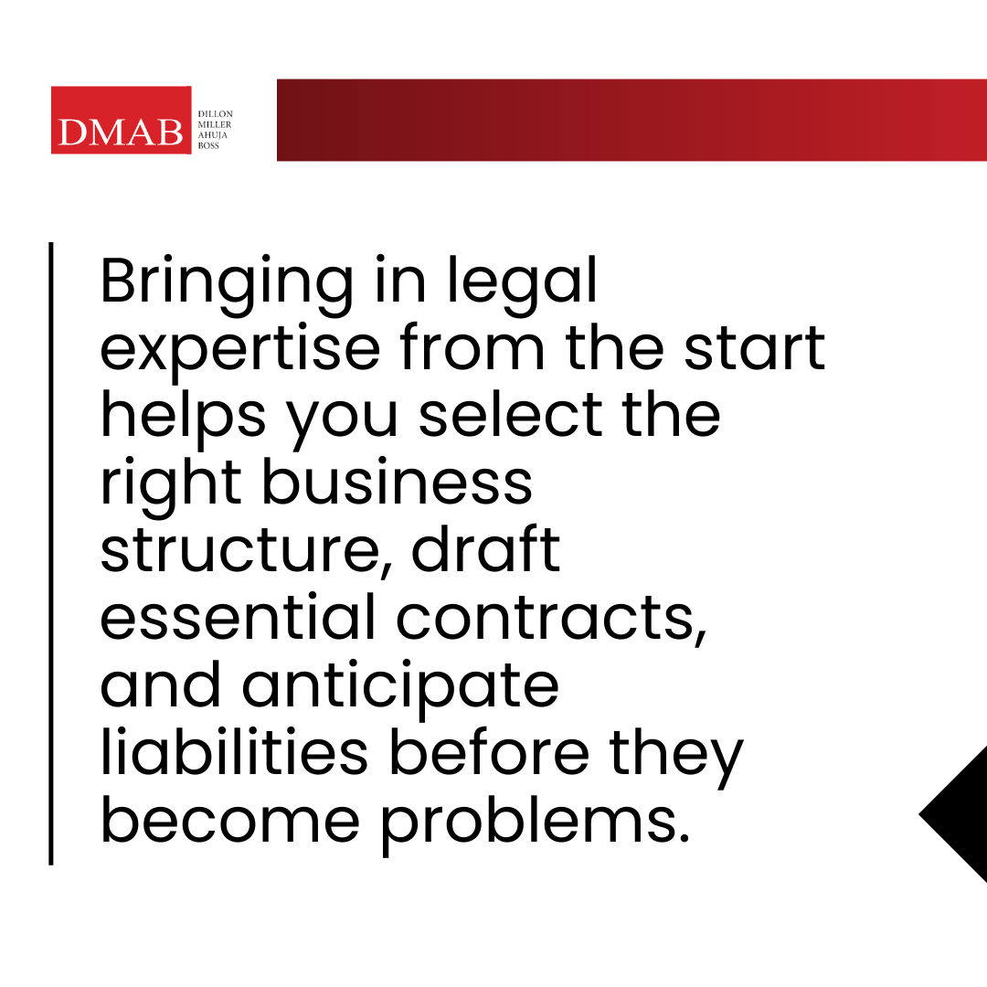 Graphic explaining how early legal planning helps businesses avoid legal pitfalls related to structure, contracts, and liability.