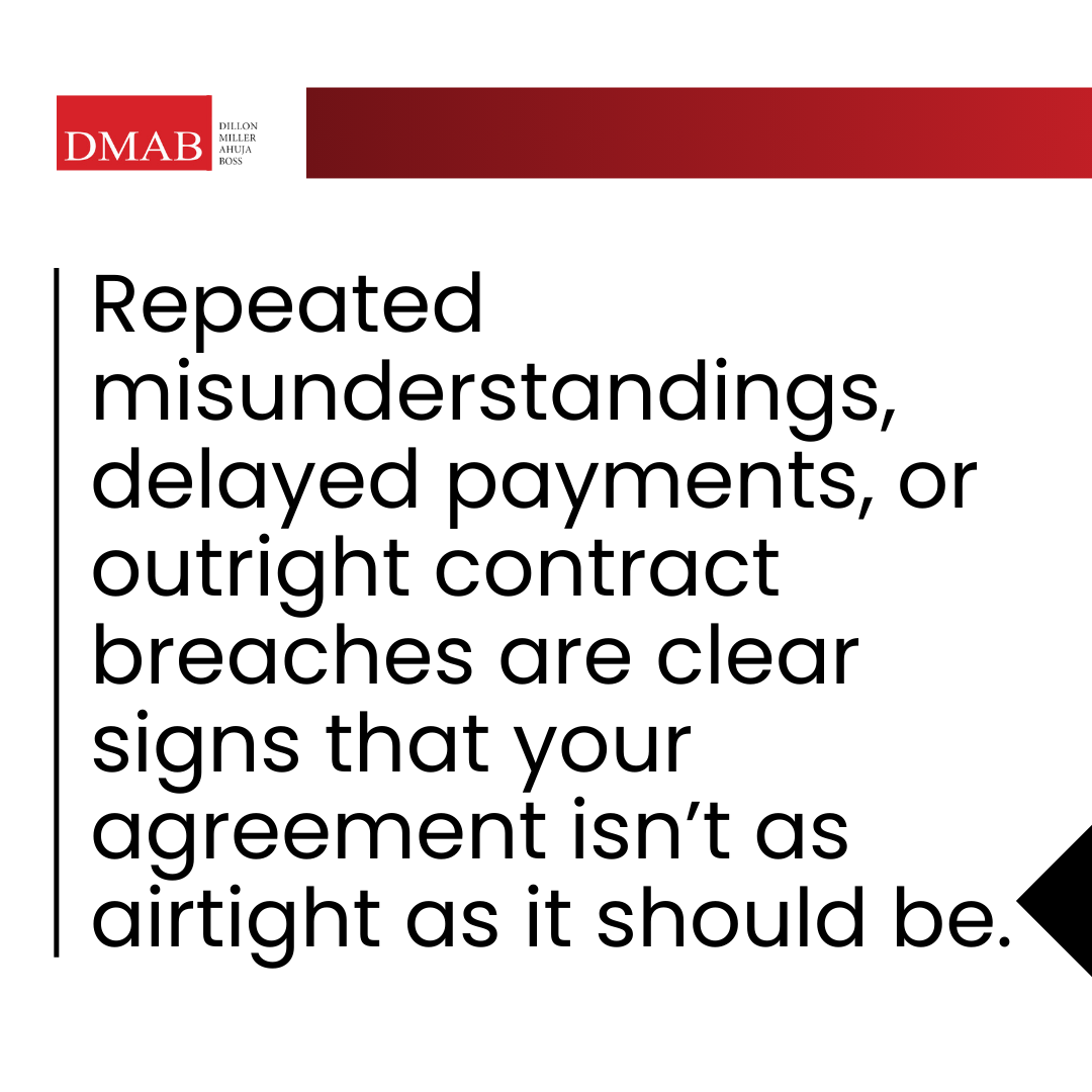 Graphic highlighting that repeated misunderstandings, delayed payments, or contract breaches may signal unclear agreement terms