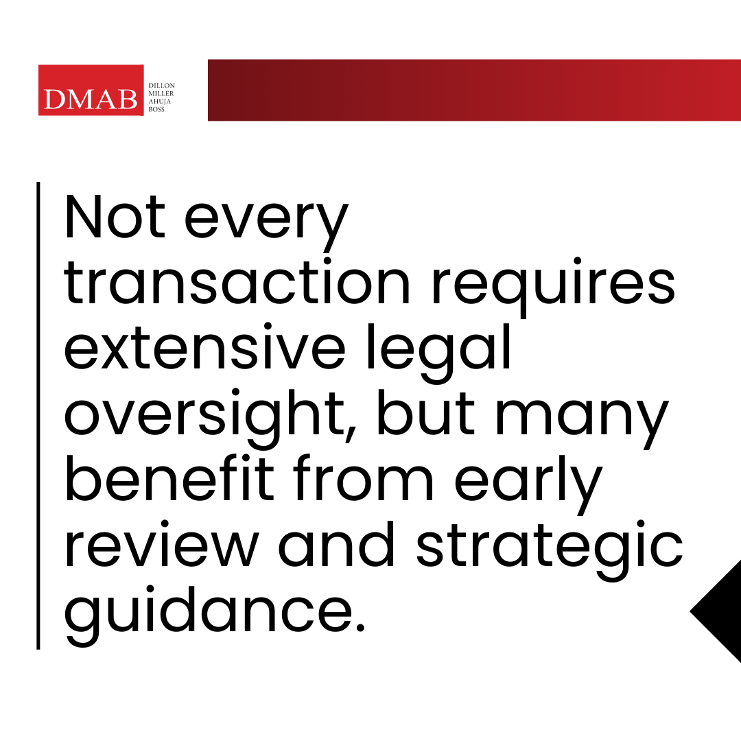 Graphic with DMAB logo stating that not every transaction requires extensive legal oversight, but many benefit from early review and strategic guidance