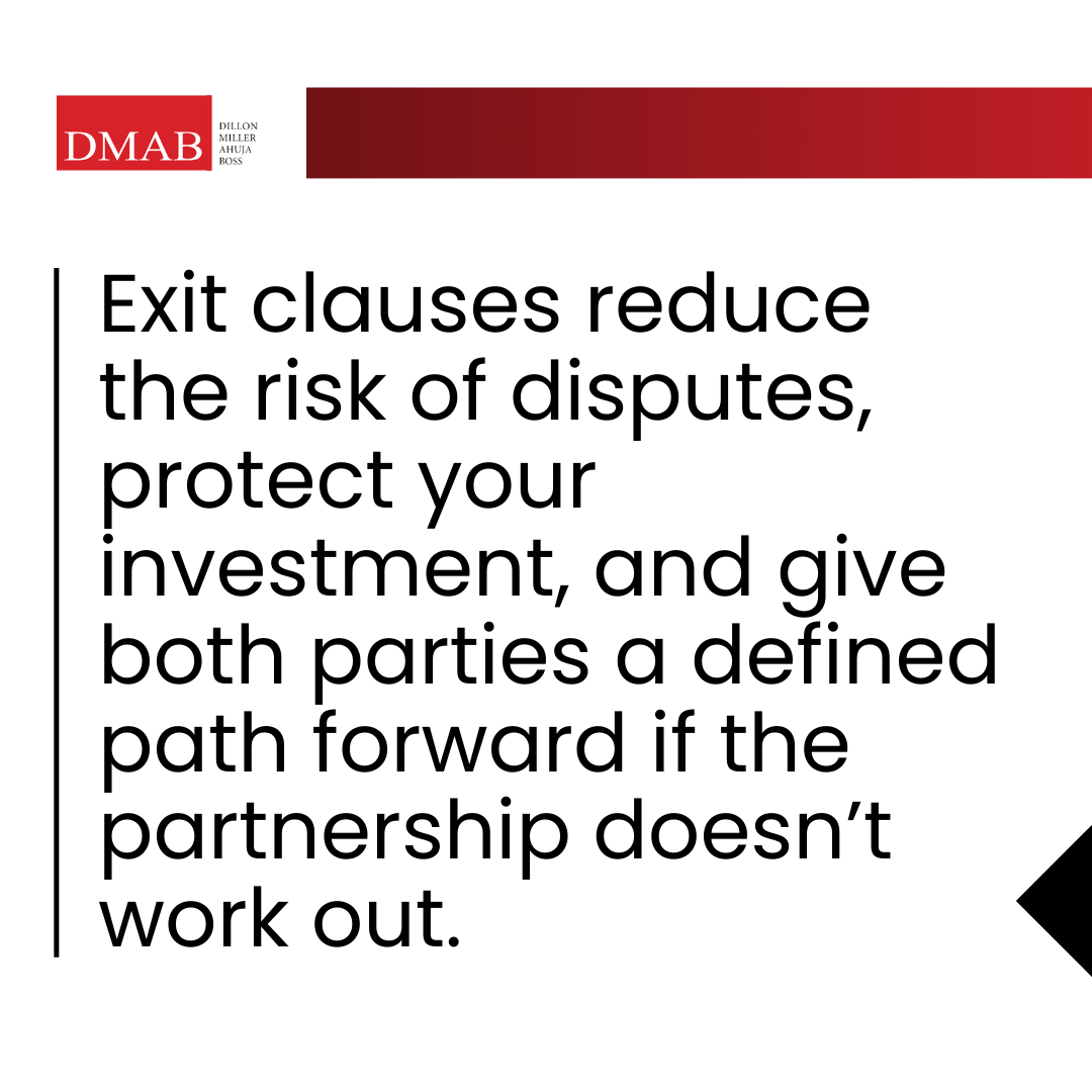 Graphic explaining how exit clauses reduce disputes, protect investments, and define a clear path forward if a joint venture fails