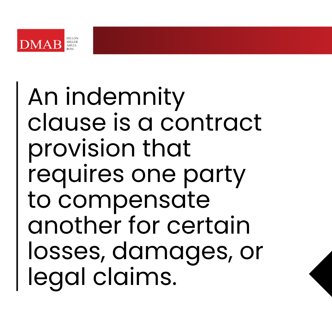 Definition of an indemnity clause explaining how one party compensates another for losses, damages, or legal claims in a contract