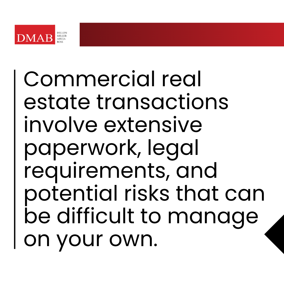 A graphic image about how commercial real estate transactions involve extensive paperwork, legal requirements, and potential risks that can be difficult to manage on your own
