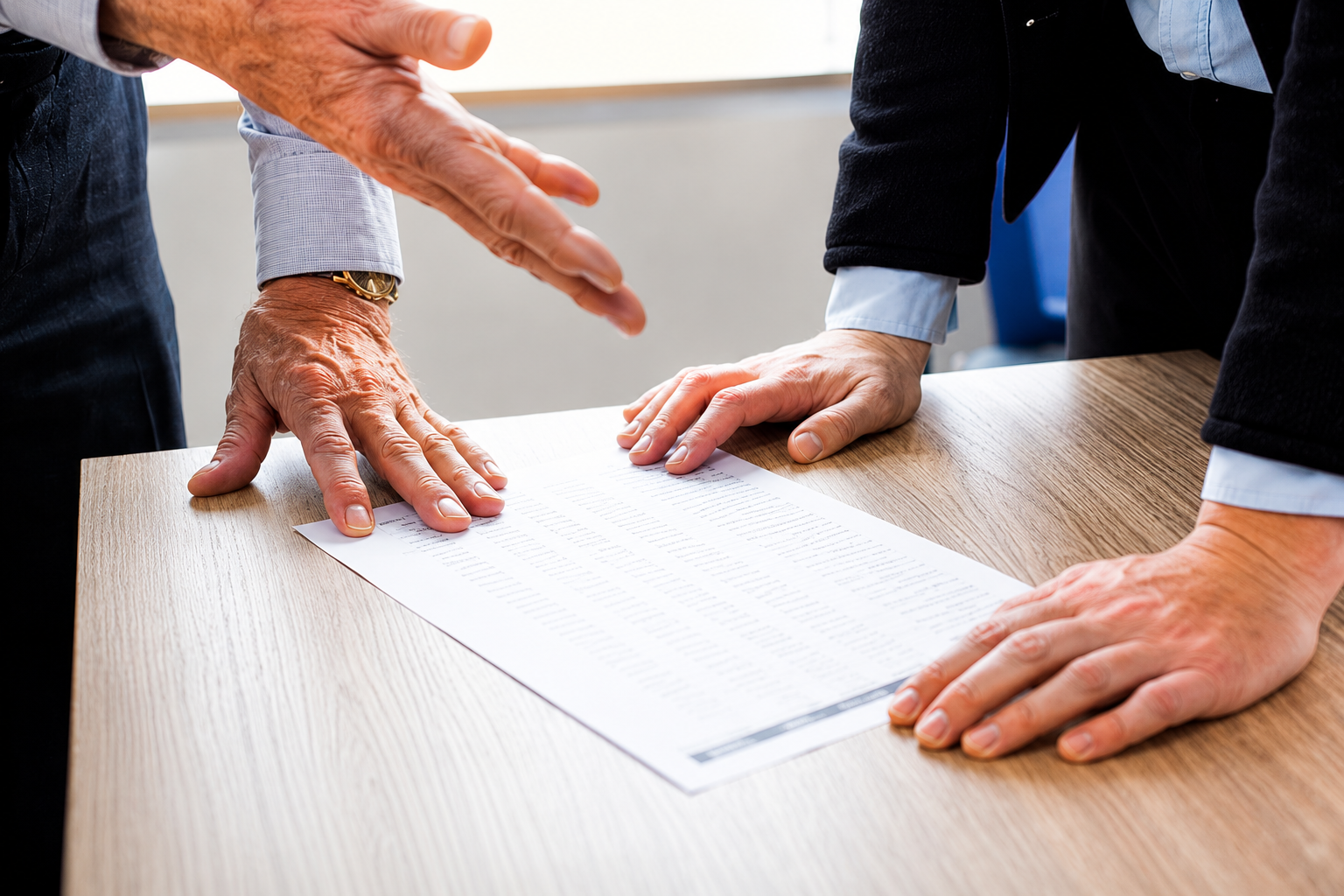 Property owners and legal representatives reviewing ownership documents and recorded records while working to resolve a cloud on title before a real estate transaction