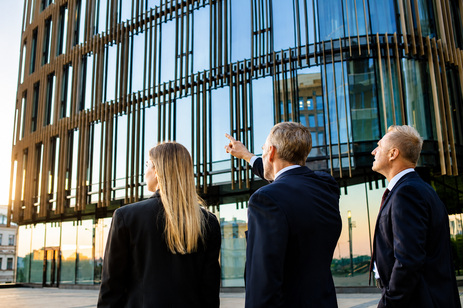 Group of business professionals in suits evaluating a commercial property building exterior, representing a commercial real estate transaction in California