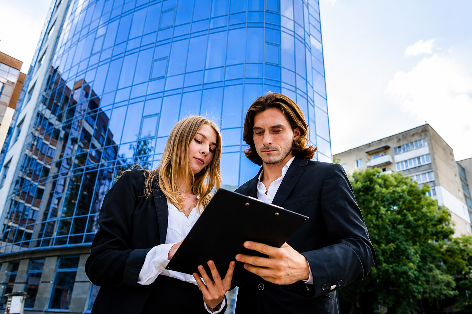 Two professionals reviewing commercial property documents on a clipboard outside a glass office building during a pre-closing due diligence review