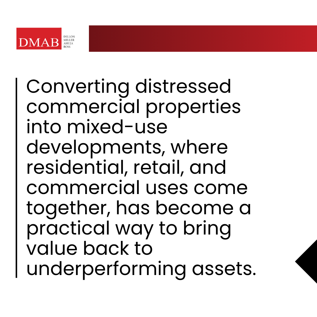 A graphic image about how converting distressed commercial properties into mixed-use developments can create new value, making guidance from a real estate attorney Carlsbad CA important