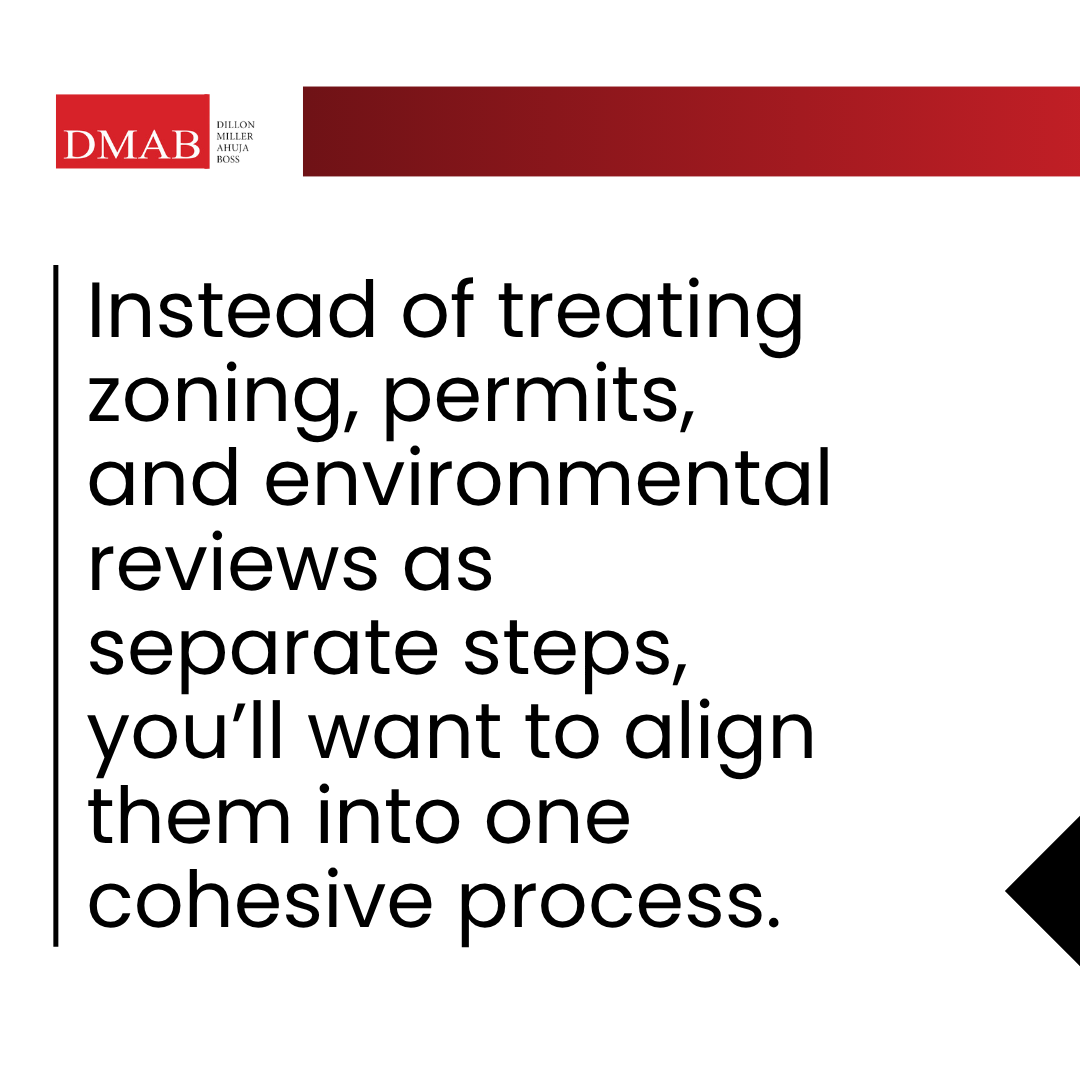 A graphic image stating that aligning zoning, permits, and environmental reviews into one process is essential, and a real estate attorney in Carlsbad CA can help streamline compliance