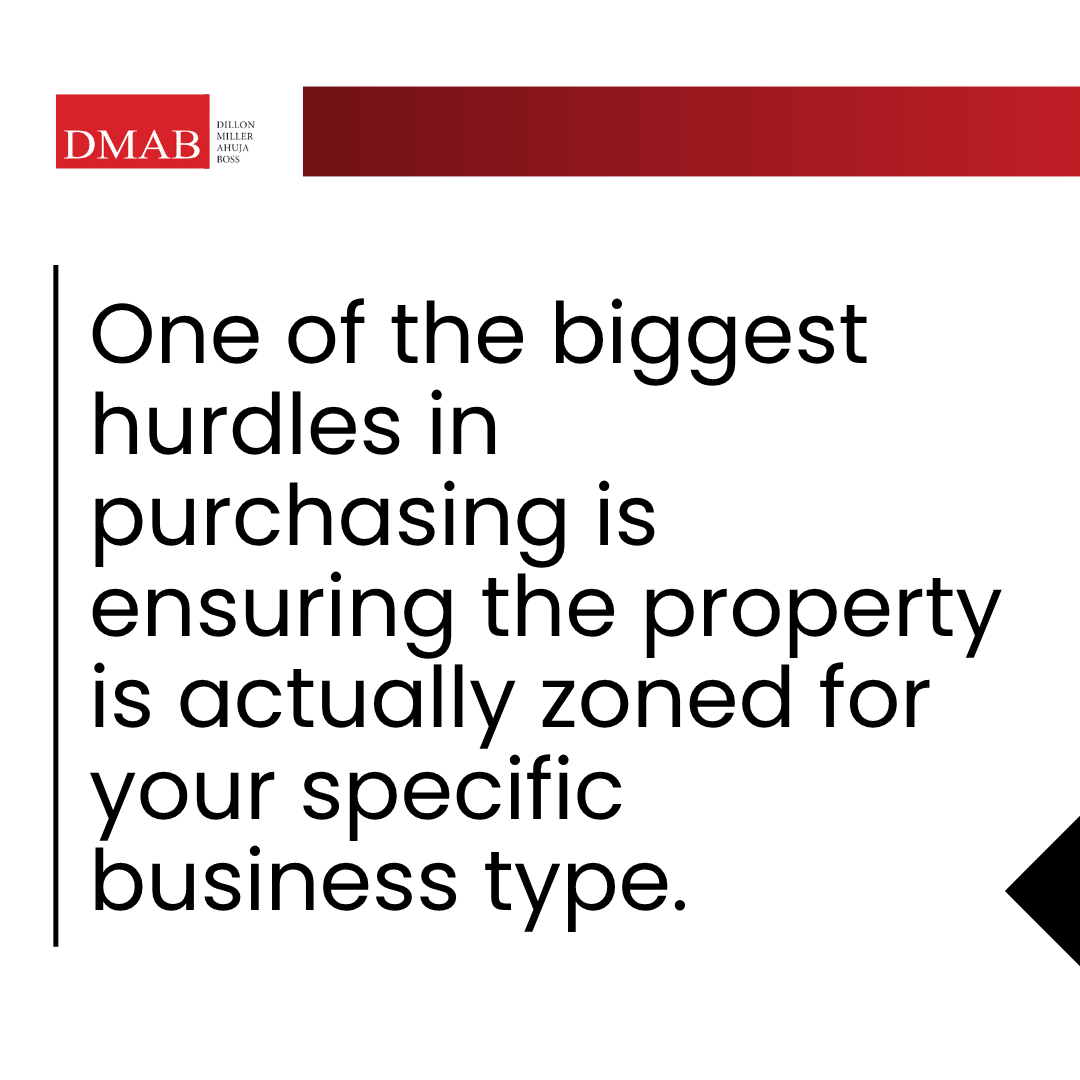 A graphic image stating that one of the biggest hurdles in purchasing commercial property is ensuring proper zoning, which a commercial real estate attorney Carlsbad can help verify