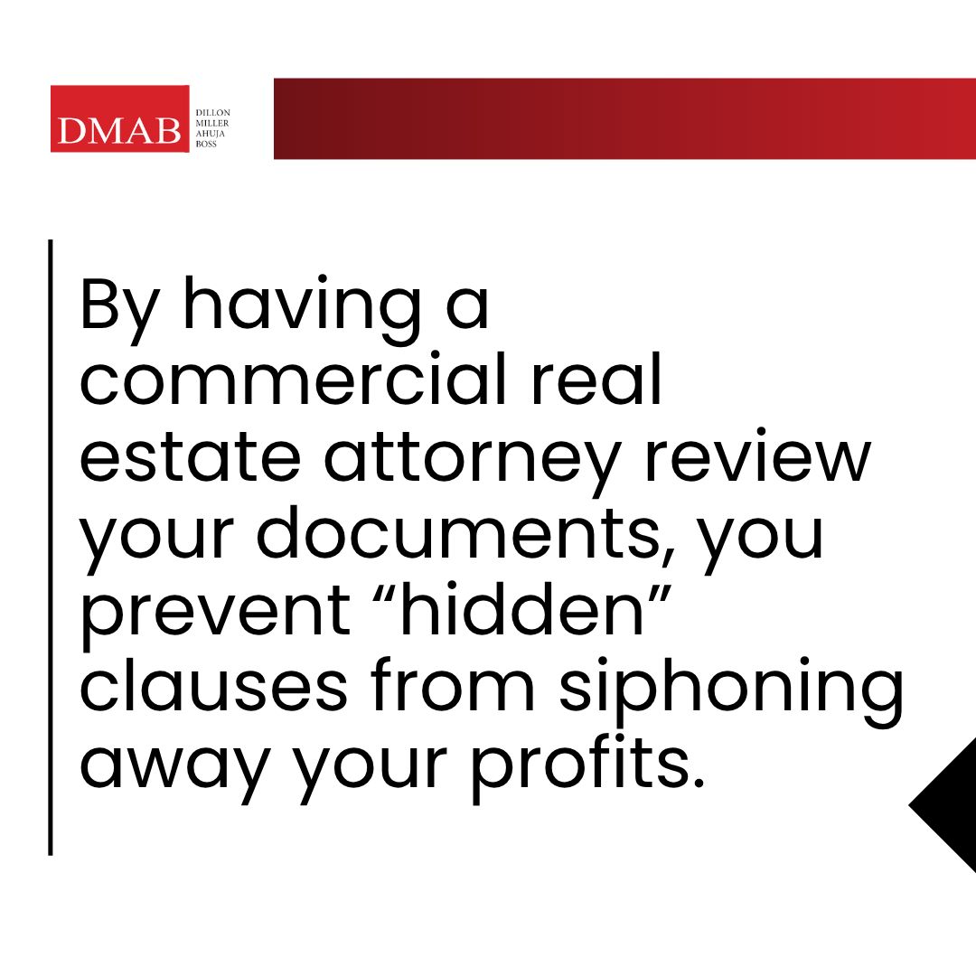A graphic image emphasizing that reviewing contracts with a commercial real estate attorney Carlsbad helps prevent hidden clauses from reducing your business profits