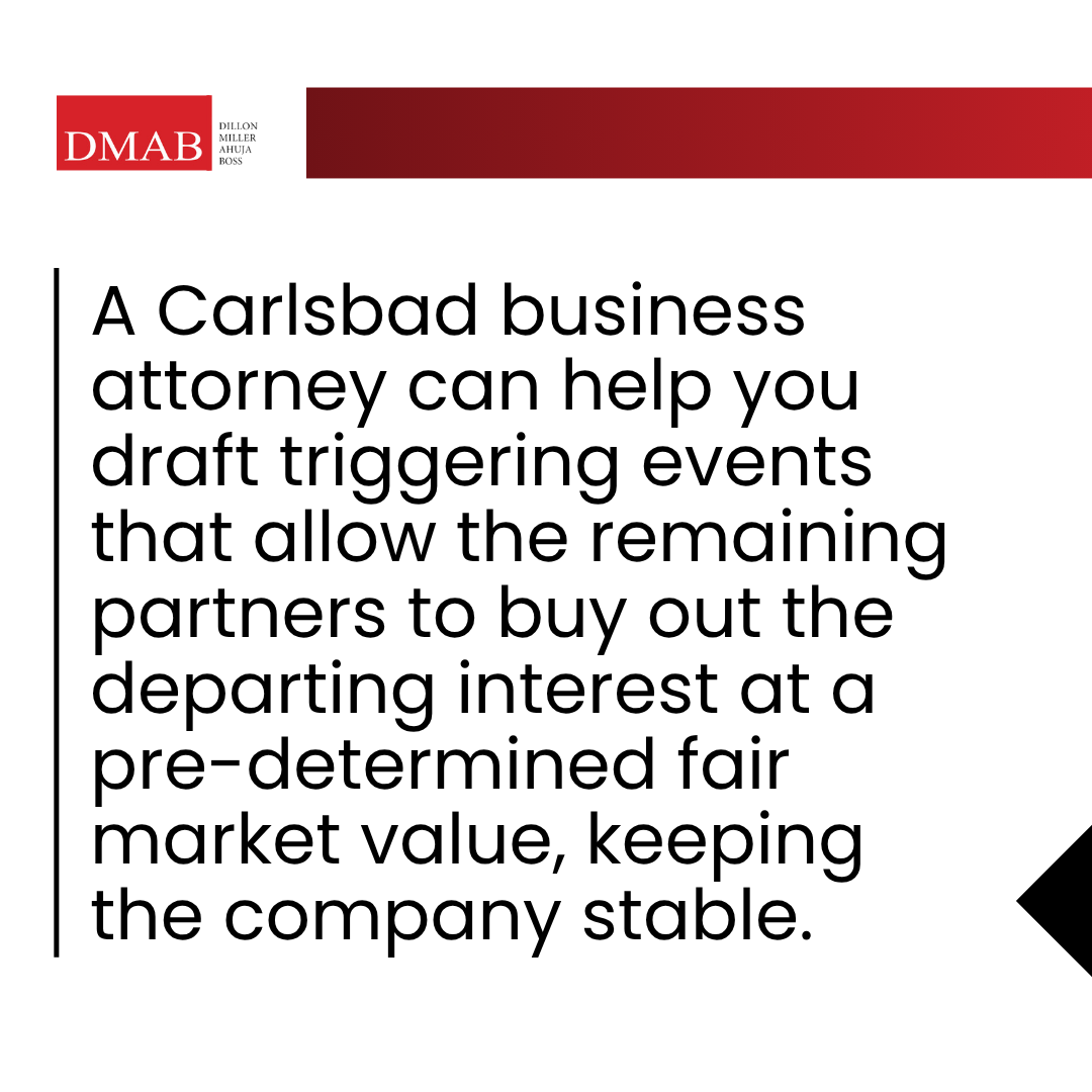 A graphic image highlighting how a business attorney Carlsbad can draft buyout provisions that allow remaining partners to maintain stability when one partner exits