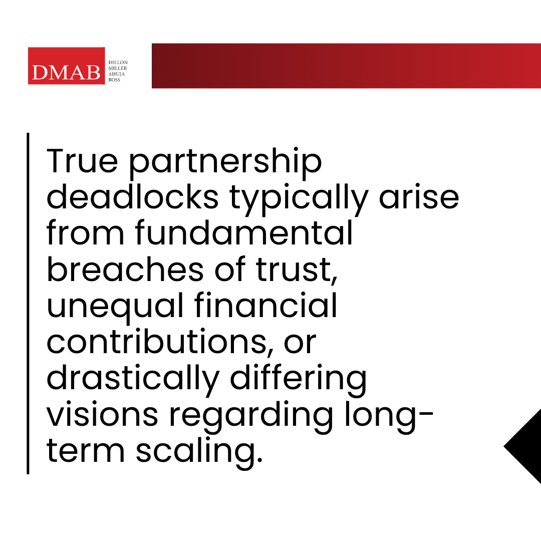 Business attorney Carlsbad insight on partnership deadlocks caused by trust issues, unequal financial contributions, and conflicting business goals