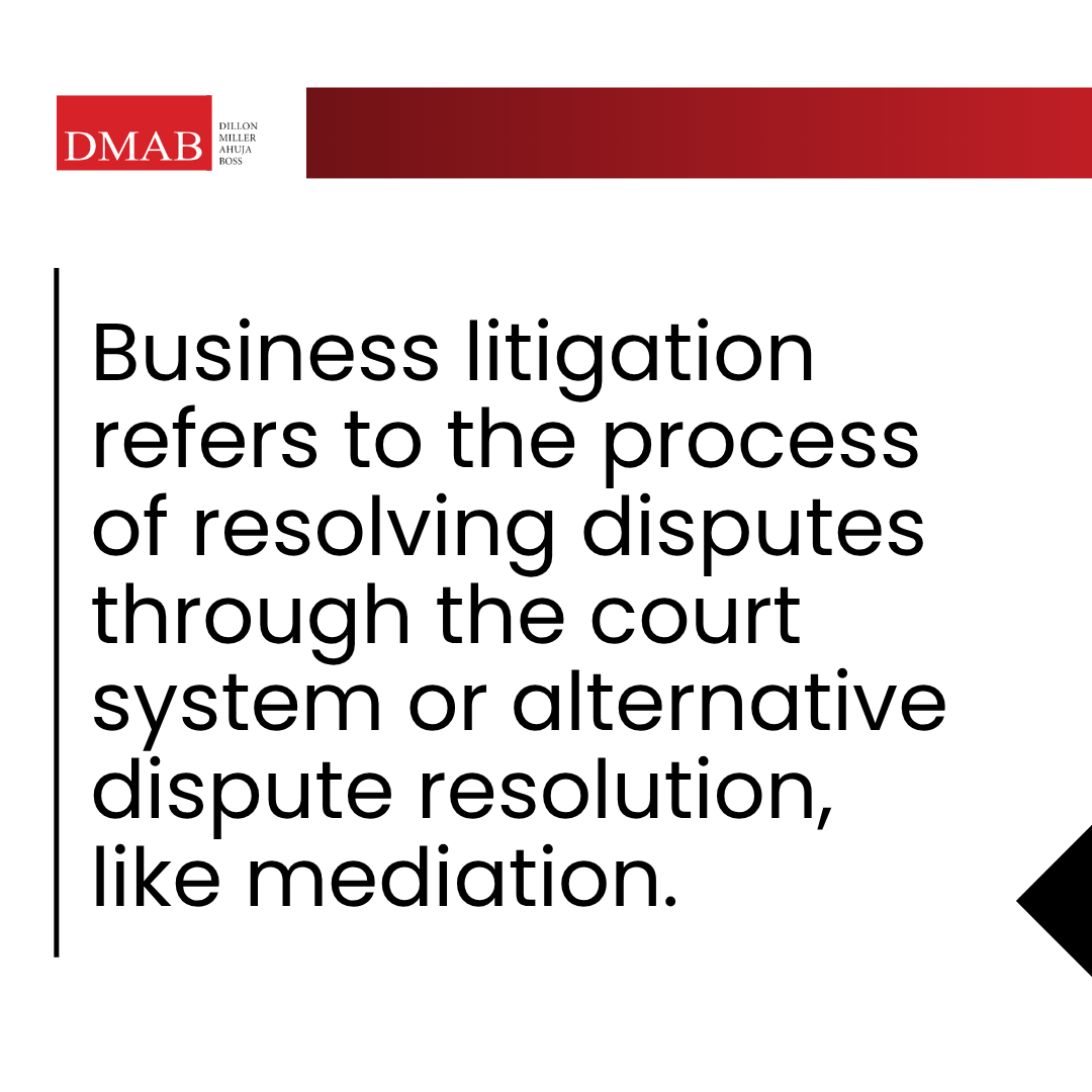  A graphic image about business attorney Carlsbad explaining that business litigation involves resolving disputes through court proceedings or mediation