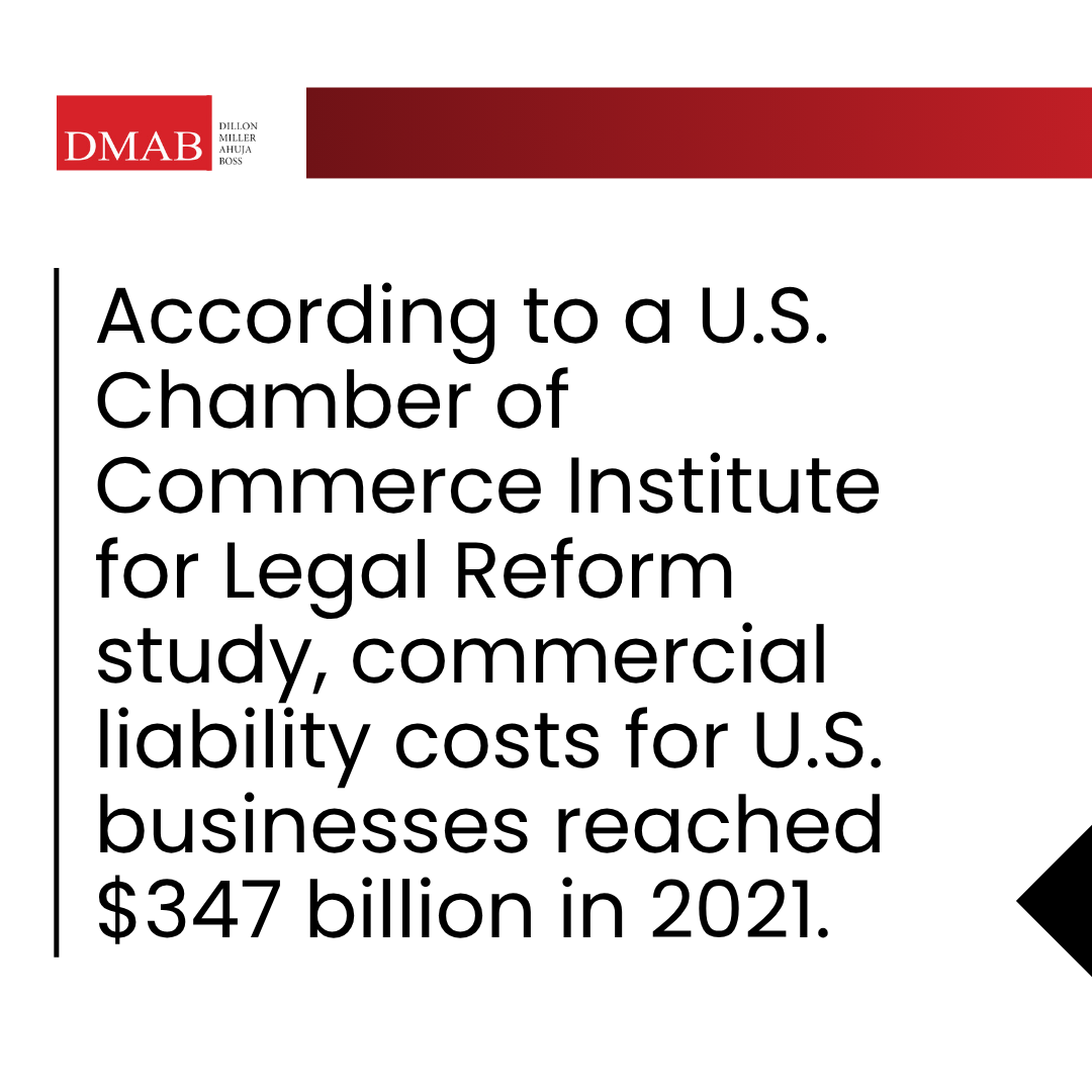 A graphic image about business attorney Carlsbad, highlighting a U.S. Chamber of Commerce study on rising commercial liability costs for businesses