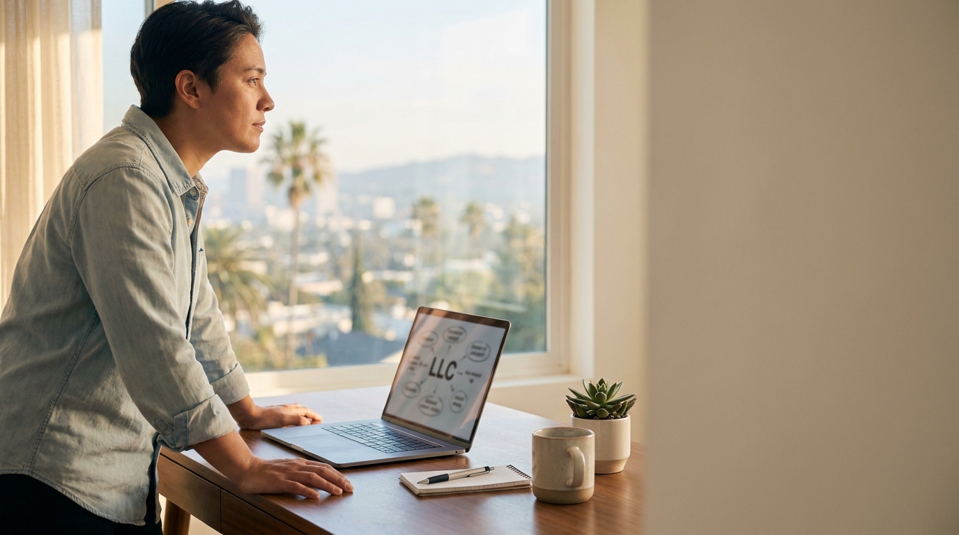 Business Formation Legal Requirements (1) Professional reviewing California business formation requirements for establishing an LLC or corporation.