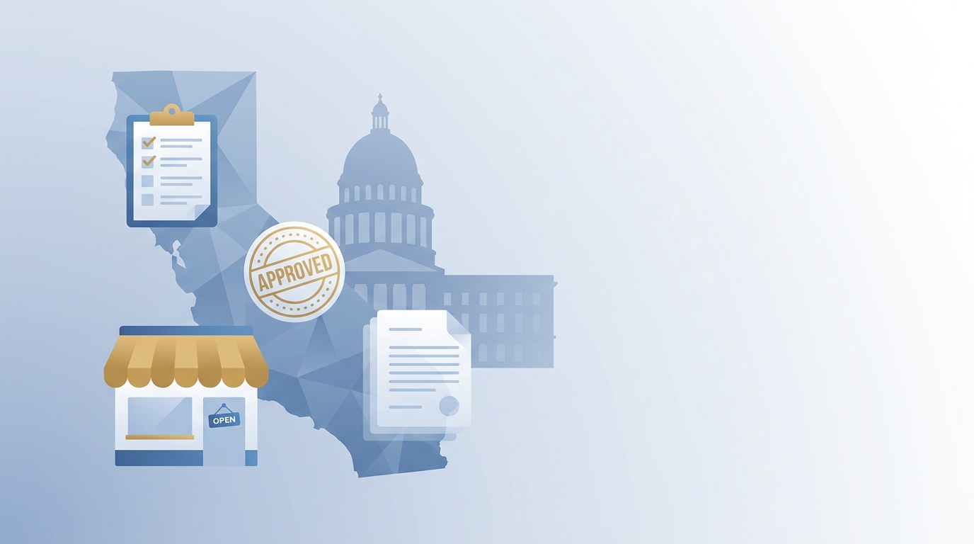 Graphic representing California business formation, business registration, permits, and legal compliance