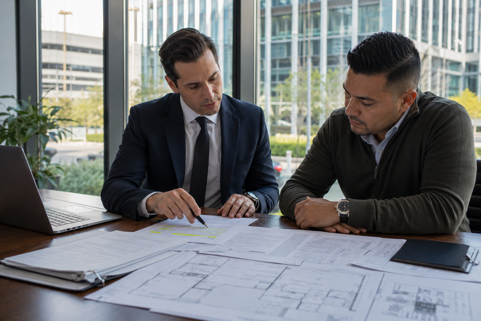 California real estate attorney reviewing a commercial lease agreement with a business owner in a modern conference room, pointing to key contract clauses alongside architectural plans and business documents.