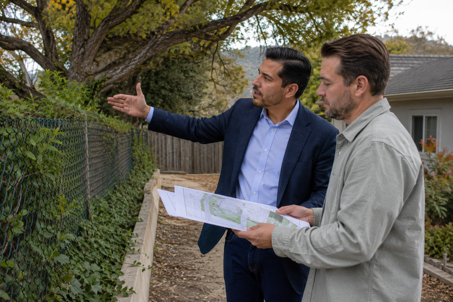 real estate attorney in California California real estate attorney reviewing a property survey map with a homeowner while discussing residential property boundaries beside a fence in a suburban neighborhood.