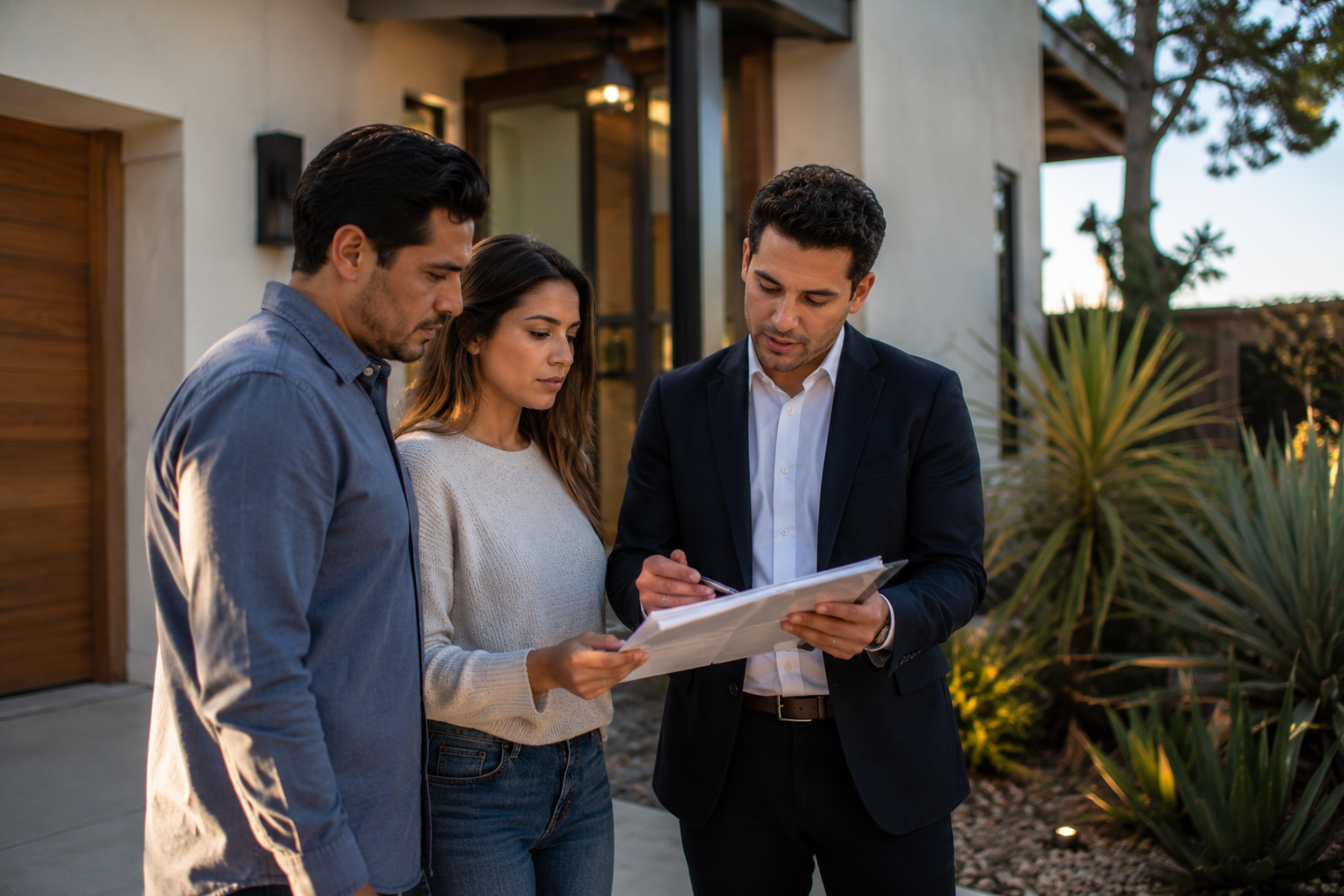 Real estate attorney reviewing home purchase documents with a couple outside their newly purchased California home, explaining paperwork before signing during a golden-hour meeting.