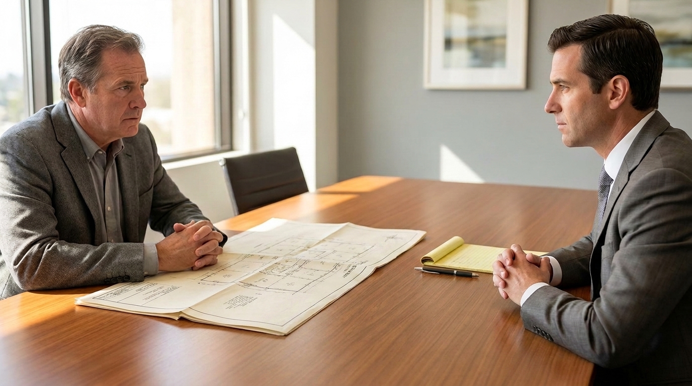 Property owner meeting with a California real estate attorney to discuss a dispute over building plans