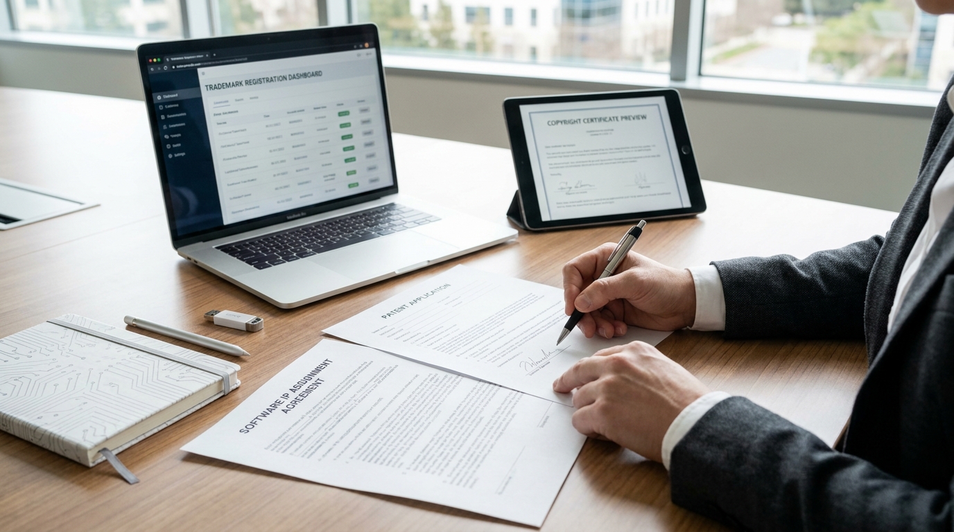 Technology attorney reviewing software licensing, patent, trademark, and copyright documents