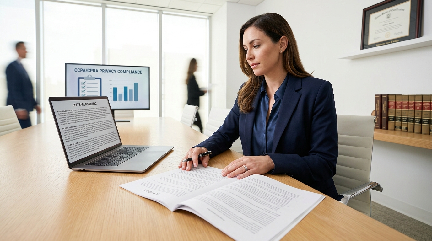 California technology law attorney reviewing a software agreement and CCPA and CPRA privacy compliance requirements