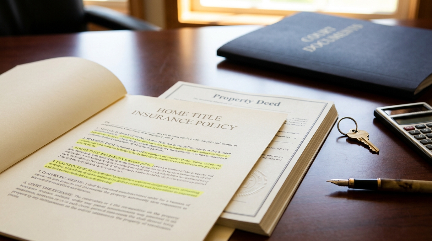 Title insurance policy, property deed, and house key on a desk