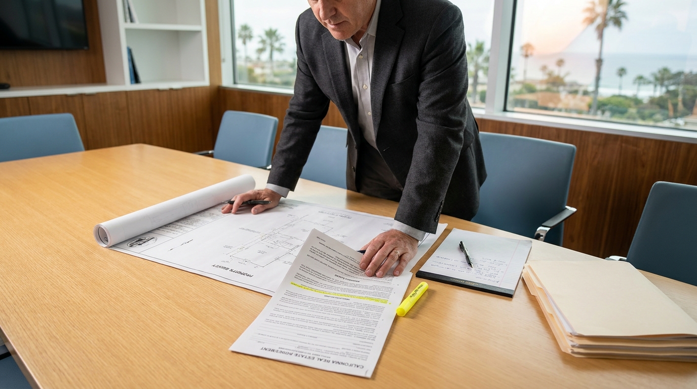 Real estate attorney reviewing a California purchase agreement and property plans