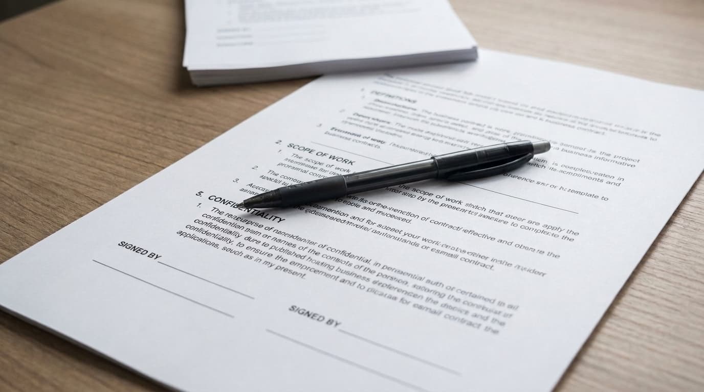 A close-up of a business contract with Scope of Work and Confidentiality sections and signature lines, with a pen resting on top A close-up of a business contract with Scope of Work and Confidentiality sections and signature lines, with a pen resting on top