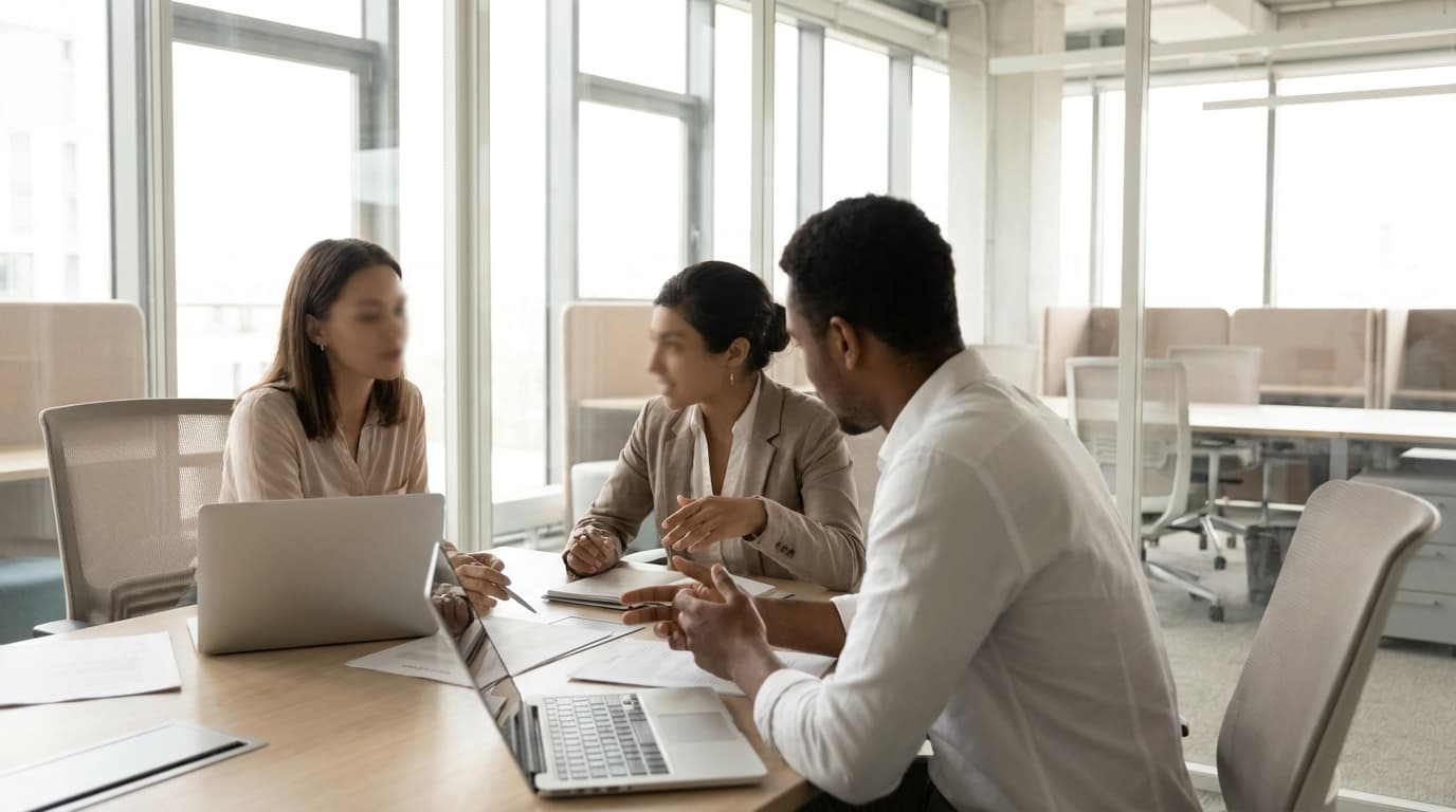 Three colleagues sit in a meeting discussing over laptops and papers at a conference table in a glass-walled office