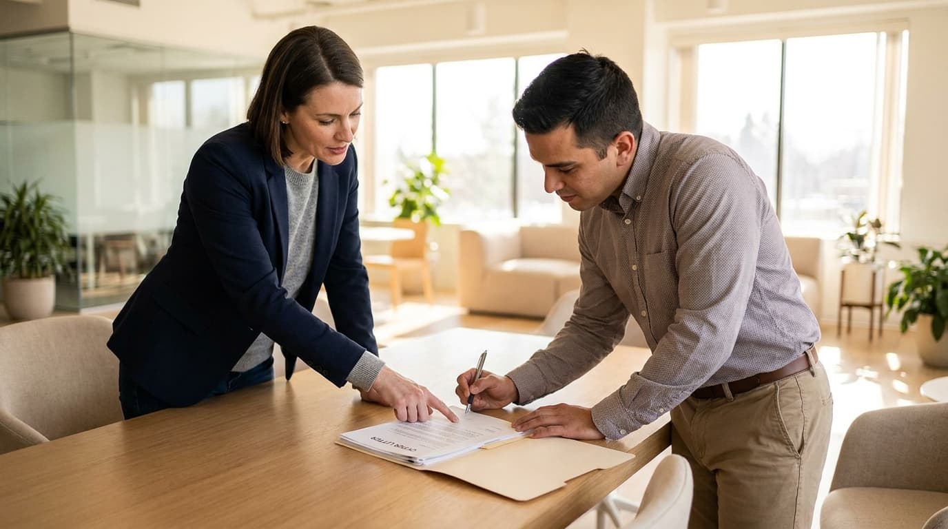 Two people lean over a desk reviewing and signing a document together in a bright office