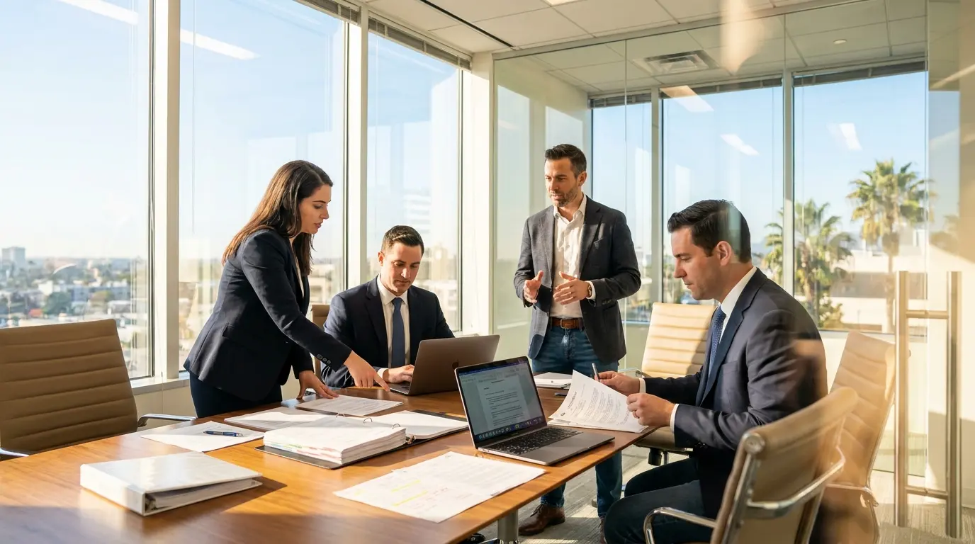 Four attorneys work together around a conference table with laptops and documents in a sunlit office