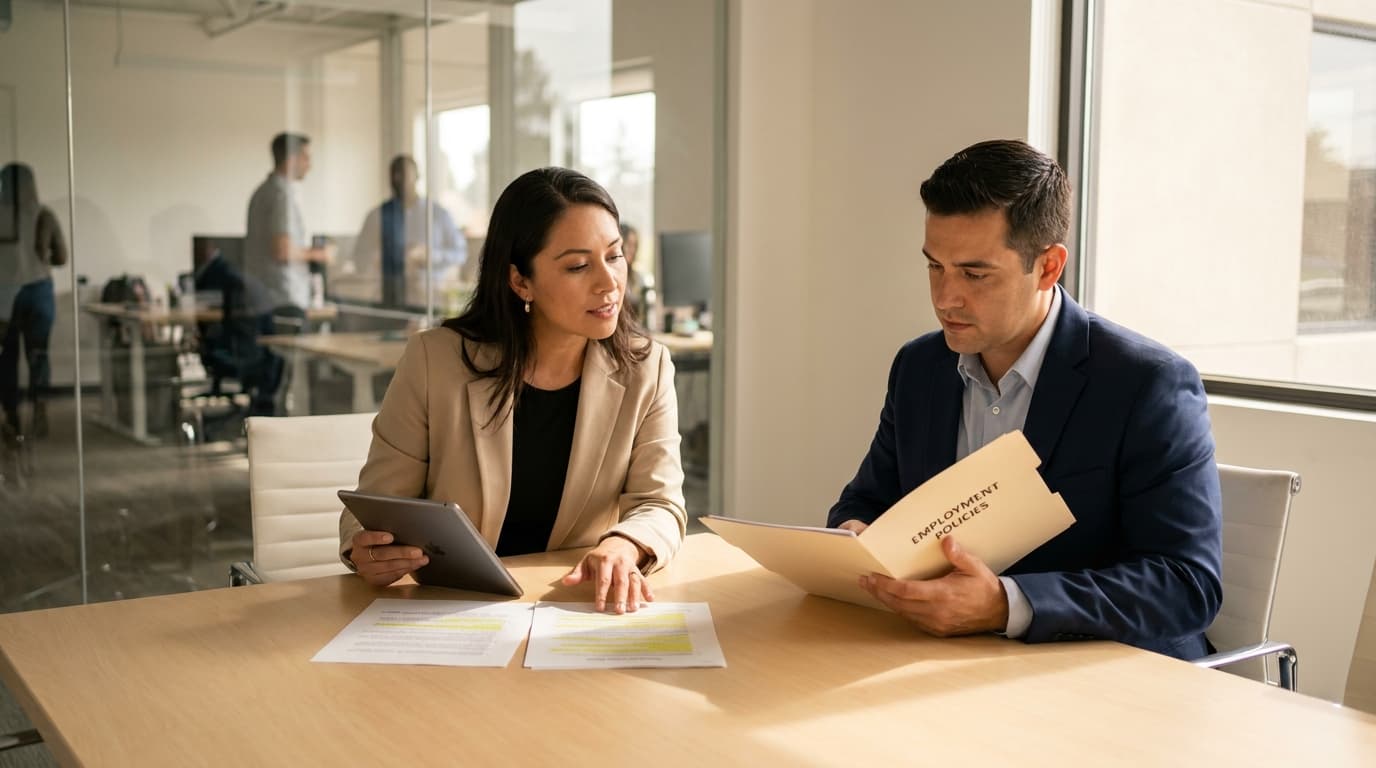 A woman holding a tablet and a man holding a folder labeled Employment Policies review documents together at a table